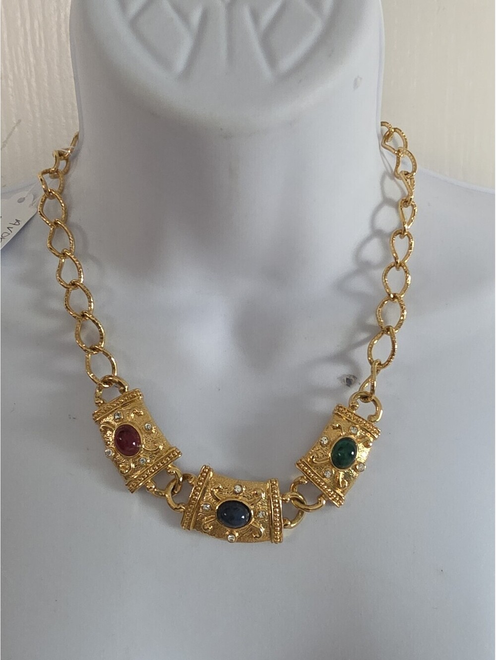 Avon Gold-Tone Link Chain Necklace With Red Blue Green Oval Cabochons Signed